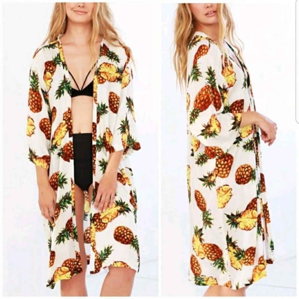 Pineapple Print Open Front Kimono
